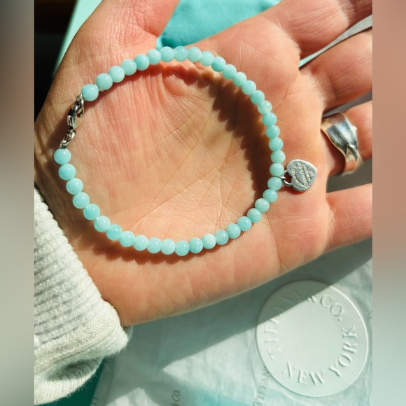 Tiffany & Co Blue Amazonite 4mm Bead Return to Tiffany’s Heart Bracelet 7.25” - Picture 2 of 4